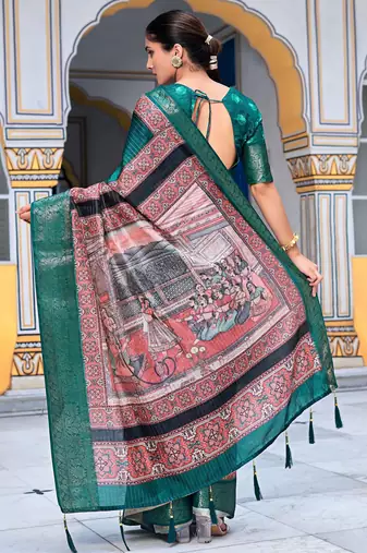 teal floral kalamkari print zari golden border silk blend saree with unstiched blouse piece