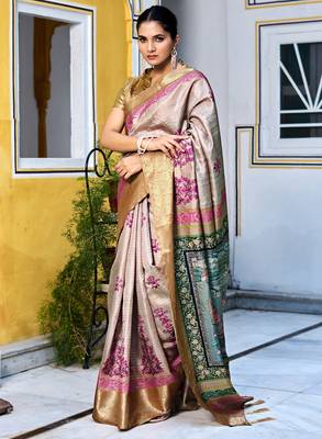 cream floral kalamkari print zari golden border silk blend saree with unstiched blouse piece 1