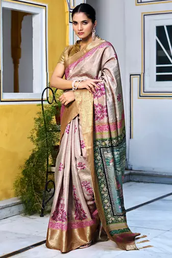 cream floral kalamkari print zari golden border silk blend saree with unstiched blouse piece