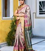 cream floral kalamkari print zari golden border silk blend saree with unstiched blouse piece