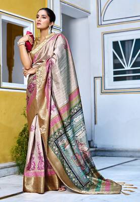 cream floral kalamkari print zari golden border silk blend saree with unstiched blouse piece 2
