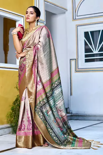 cream floral kalamkari print zari golden border silk blend saree with unstiched blouse piece