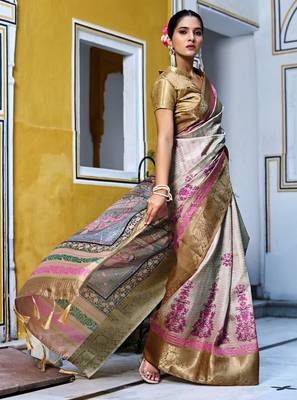 cream floral kalamkari print zari golden border silk blend saree with unstiched blouse piece 3
