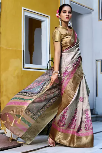 cream floral kalamkari print zari golden border silk blend saree with unstiched blouse piece