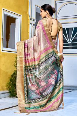 cream floral kalamkari print zari golden border silk blend saree with unstiched blouse piece 4