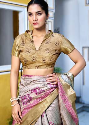 cream floral kalamkari print zari golden border silk blend saree with unstiched blouse piece 5