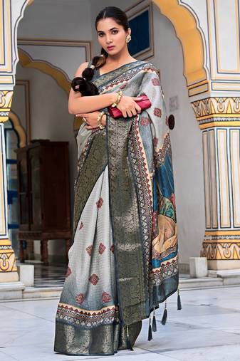 grey ajrakh block print zari golden border silk blend saree with unstiched blouse piece