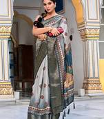 grey ajrakh block print zari golden border silk blend saree with unstiched blouse piece