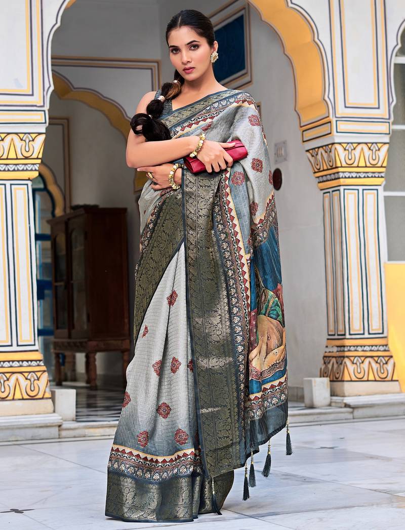 grey ajrakh block print zari golden border silk blend saree with unstiched blouse piece