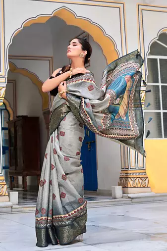 grey ajrakh block print zari golden border silk blend saree with unstiched blouse piece