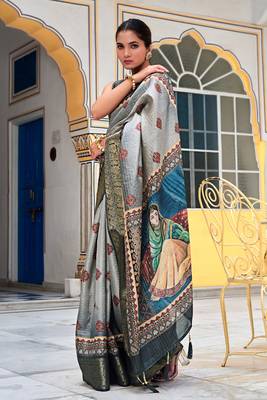 grey ajrakh block print zari golden border silk blend saree with unstiched blouse piece 3