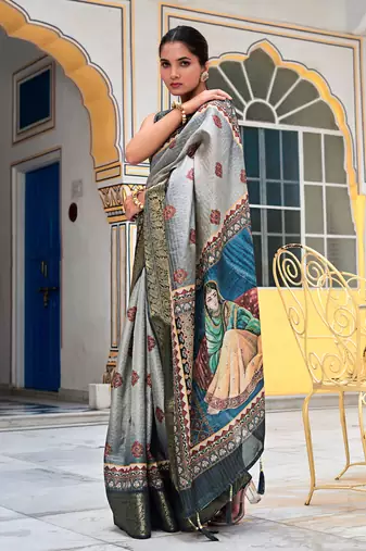 grey ajrakh block print zari golden border silk blend saree with unstiched blouse piece