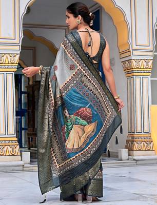 grey ajrakh block print zari golden border silk blend saree with unstiched blouse piece 4