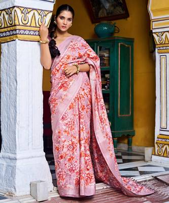 pastel blue floral print zari woven border silk blend saree with unstiched blouse piece 1