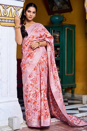 pink floral print zari woven border silk blend saree with unstiched blouse piece