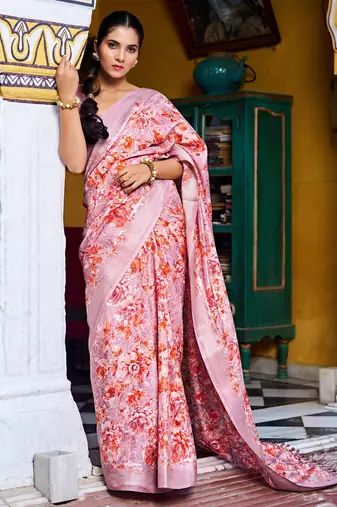 pink floral print zari woven border silk blend saree with unstiched blouse piece