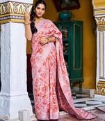 pink floral print zari woven border silk blend saree with unstiched blouse piece