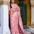 pink floral print zari woven border silk blend saree with unstiched blouse piece