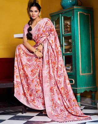 pastel blue floral print zari woven border silk blend saree with unstiched blouse piece 2