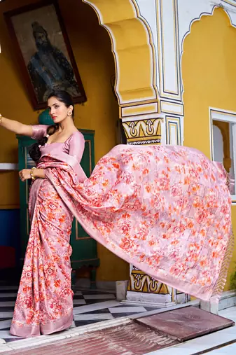 pastel blue floral print zari woven border silk blend saree with unstiched blouse piece