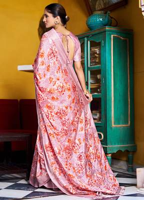 pastel blue floral print zari woven border silk blend saree with unstiched blouse piece 4