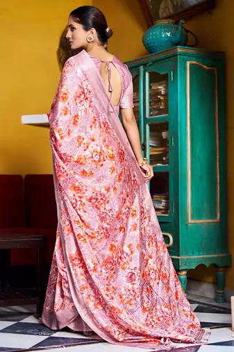 pastel blue floral print zari woven border silk blend saree with unstiched blouse piece