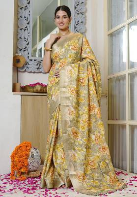 olive green floral print zari woven border silk blend saree with unstiched blouse piece 1