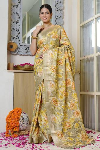 olive green floral print zari woven border silk blend saree with unstiched blouse piece