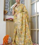 olive green floral print zari woven border silk blend saree with unstiched blouse piece