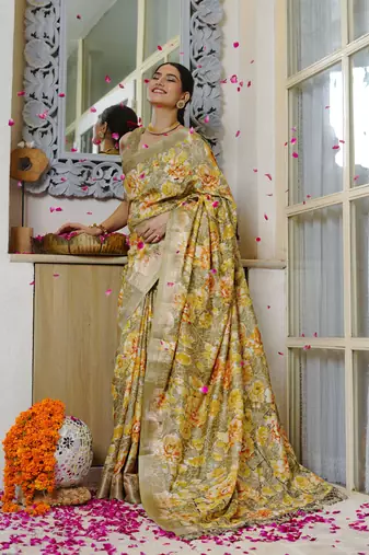 olive green floral print zari woven border silk blend saree with unstiched blouse piece