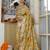 olive green floral print zari woven border silk blend saree with unstiched blouse piece