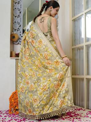 olive green floral print zari woven border silk blend saree with unstiched blouse piece 4