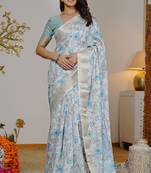 grey floral print zari woven border silk blend saree with unstiched blouse piece