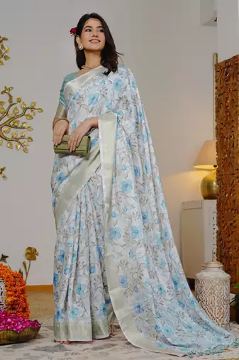 grey floral print zari woven border silk blend saree with unstiched blouse piece