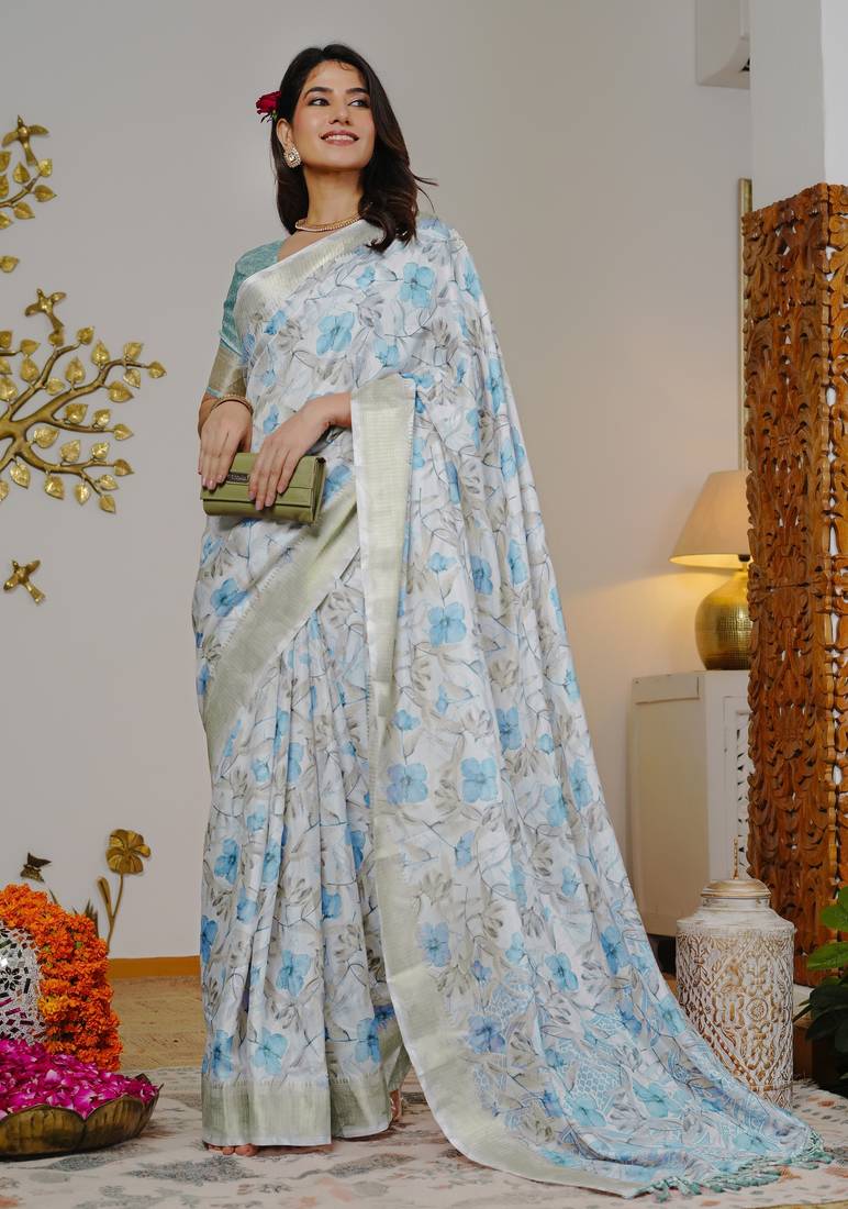 grey floral print zari woven border silk blend saree with unstiched blouse piece