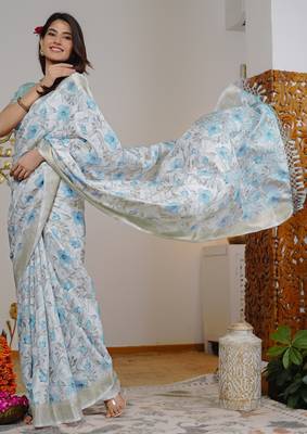 grey floral print zari woven border silk blend saree with unstiched blouse piece 3
