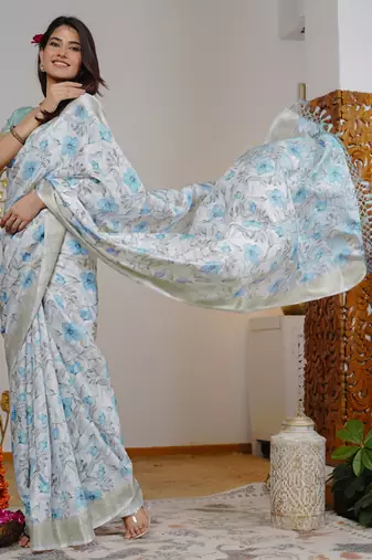grey floral print zari woven border silk blend saree with unstiched blouse piece