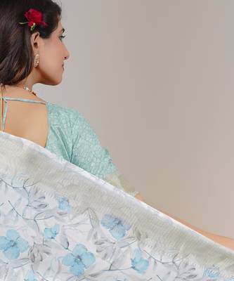 grey floral print zari woven border silk blend saree with unstiched blouse piece 4