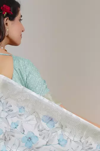 grey floral print zari woven border silk blend saree with unstiched blouse piece