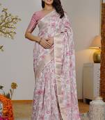 pink floral print zari woven border silk blend saree with unstiched blouse piece