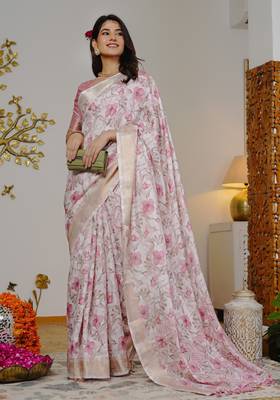 pink floral print zari woven border silk blend saree with unstiched blouse piece 2