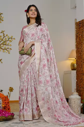 pink floral print zari woven border silk blend saree with unstiched blouse piece