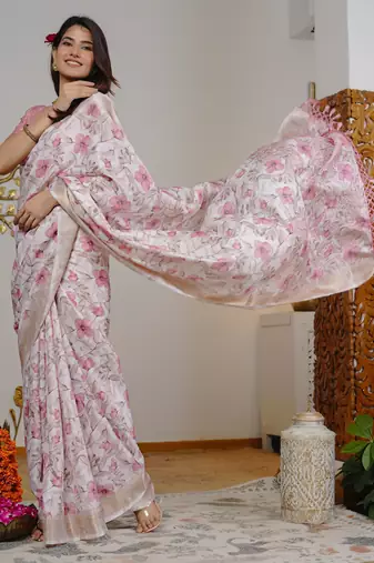 pink floral print zari woven border silk blend saree with unstiched blouse piece