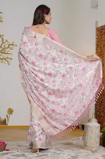 pink floral print zari woven border silk blend saree with unstiched blouse piece