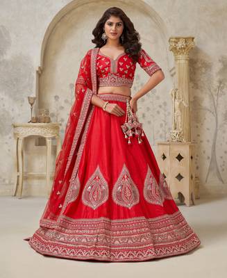 Red Wedding Raw silk Lehenga with Leaf Embroidery 1