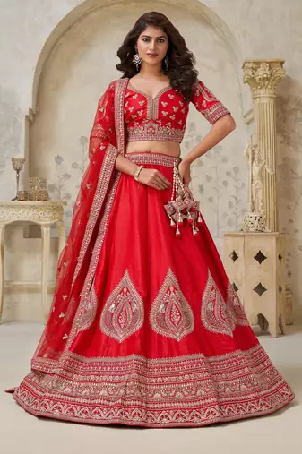 Red Wedding Raw silk Lehenga with Leaf Embroidery