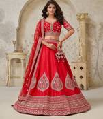 Red Wedding Raw silk Lehenga with Leaf Embroidery