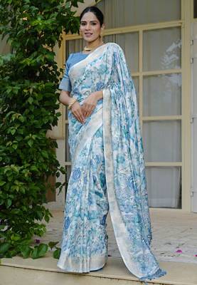 pastel blue floral print zari woven border silk blend saree with unstiched blouse piece 1