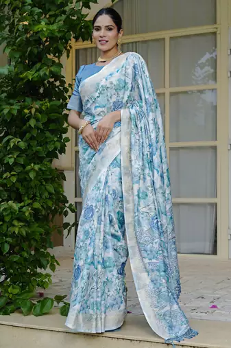 pastel blue floral print zari woven border silk blend saree with unstiched blouse piece