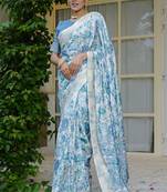 pastel blue floral print zari woven border silk blend saree with unstiched blouse piece